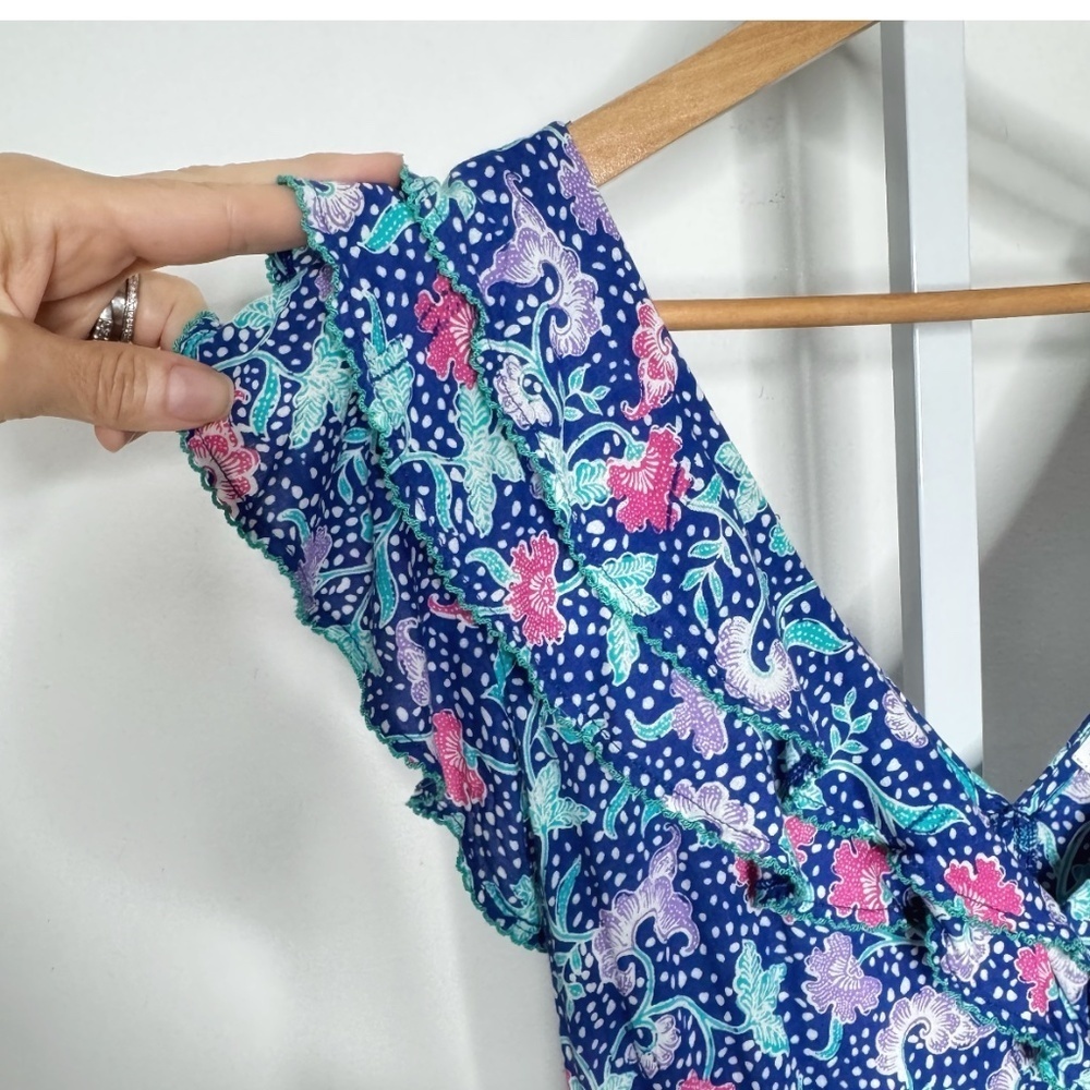 Poupette St Barth Della Maxi Dress Belted Blue Pink Ruffle Sleeve Tiered Skirt - Picture 7 of 16